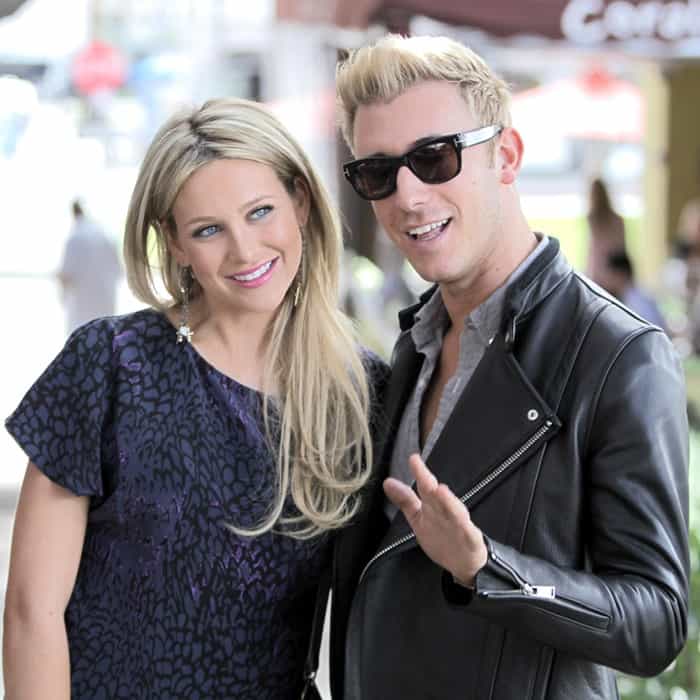 Stephanie Pratt and her new boyfriend leaving after filming a scene for the TV show, 'The Hills' at The Coral Tree Cafe in Brentwood on January 15, 2010