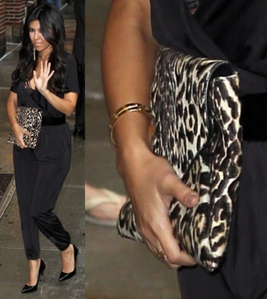 Kourtney Kardashian carries an animal print Givenchy bag for the "Late Show With David Letterman"