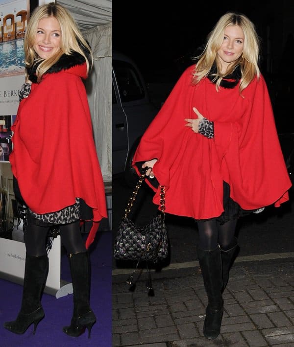 Sienna Miller wearing a large red cape at St Paul's Knightsbridge carol service