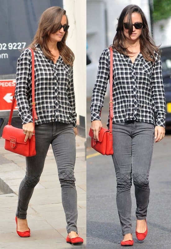 Pippa Middleton wears French Connection Nebraska stretch skinny jeans in London