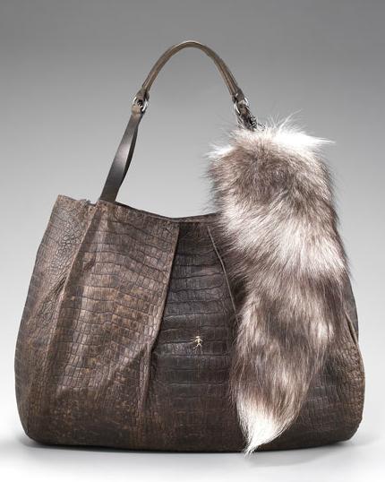 Henry Beguelin Croc Embossed Hobo with Fox Tail Trim