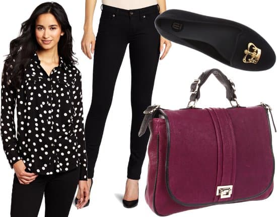 Polka dot blouse with jeans, flats, and handbag