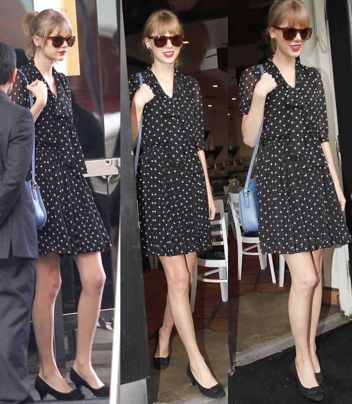 Taylor Swift in a Dolce & Gabbana polka dot dress and black pumps after lunch at Toast Cafe in West Hollywood
