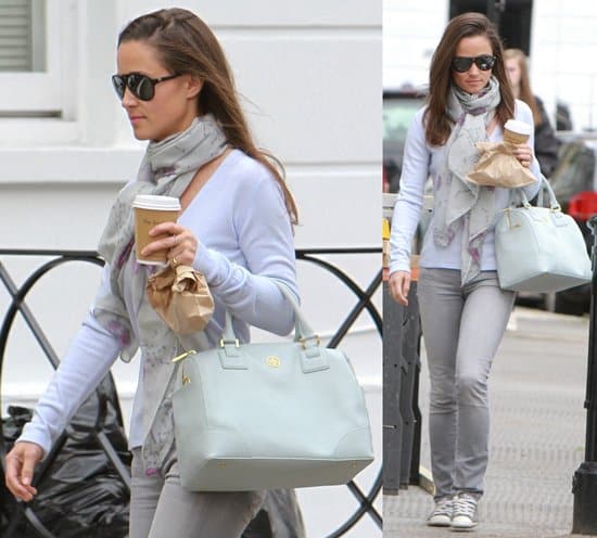 Pippa Middleton totes a dove grey Tory Burch bag in South West London