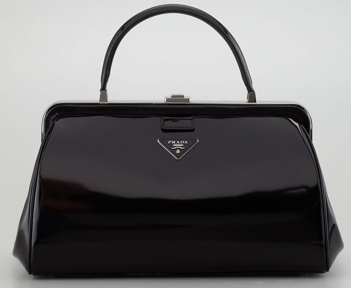 Black polished calfskin Prada Spazzolato doctor bag featuring a Framed top with push-lock clasp