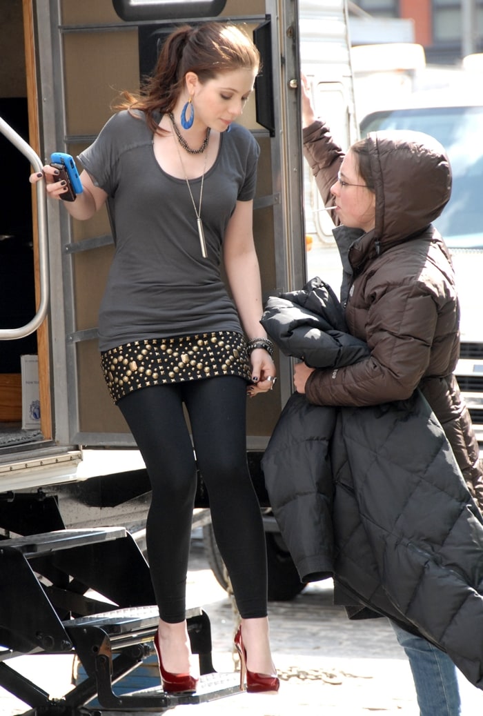 Michelle Trachtenberg as Georgina Sparks on the set of 'Gossip Girl' shooting in Manhattan