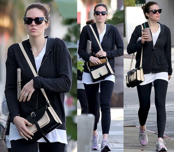 Mandy Moore leaving a gym in black leggings and stops to get a juice in West Hollywood