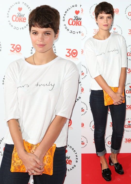 Pixie Geldof wears a Topshop Boutique T-shirt at a party hosted by Diet Coke