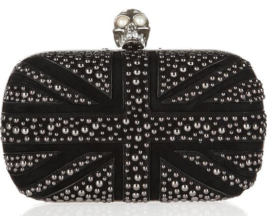 Lined in rich black leather, this suede 'Britannia Skull' box clutch features a single open compartment for your most important evening essentials