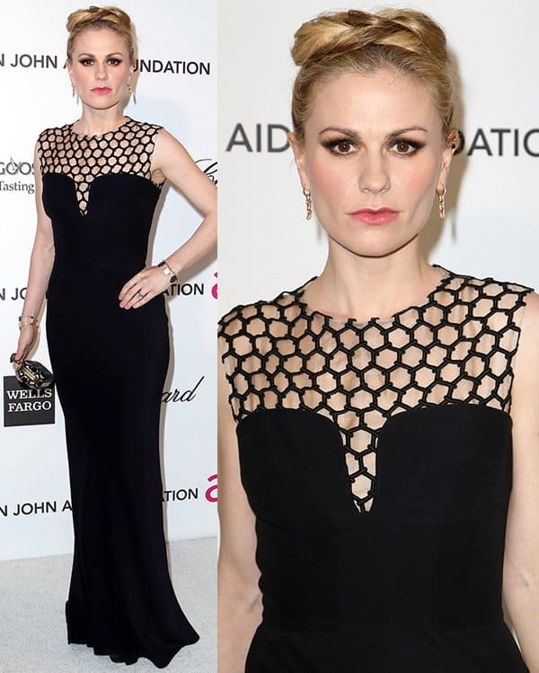 Anna Paquin in a long black Alexander McQueen dress at Elton John AIDS Foundation's 21st Annual Oscar Viewing Party