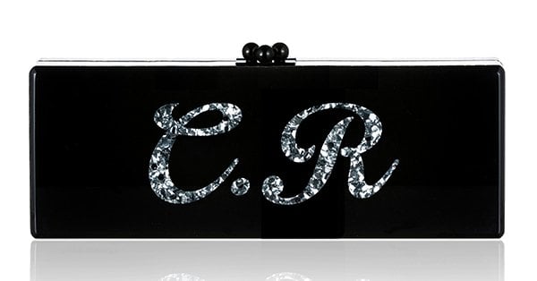 Edie Parker Bespoke Black Flavia Clutch With Silver Confetti Text