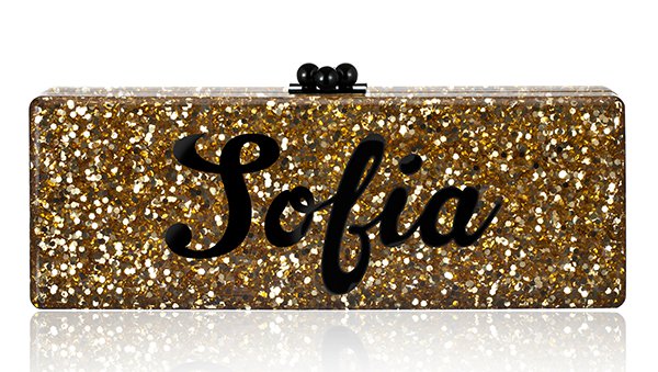 Edie Parker Bespoke Gold Confetti Flavia Clutch With Black Text