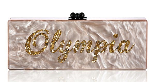 Edie Parker Bespoke Nude Pearlescent Flavia Clutch With Gold Confetti Text