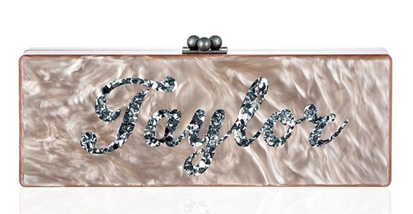 Edie Parker Bespoke Nude Pearlescent Flavia Clutch With Silver Confetti Text