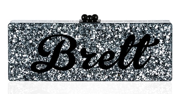 Edie Parker Bespoke Silver Confetti Flavia Clutch With Black Text