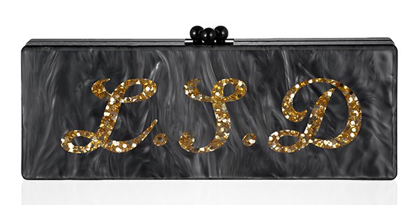 Edie Parker Bespoke Steel Pearlescent Flavia Clutch With Gold Confetti Text