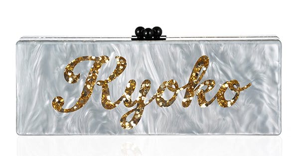 Edie Parker Bespoke White Pearlescent Flavia Clutch With Gold Confetti Text