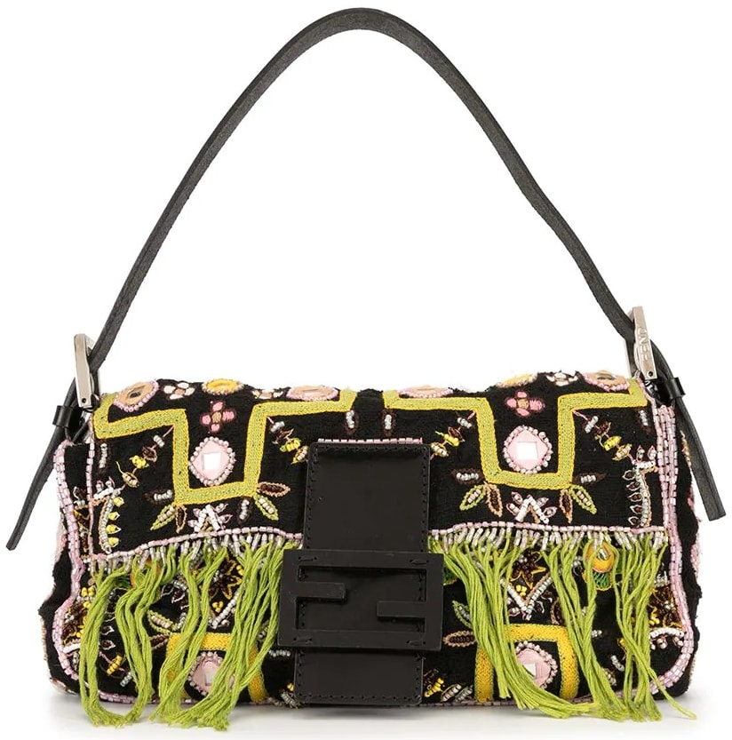 Black leather and wool bead embroidered Mamma baguette handbag from Fendi featuring a top handle, a foldover top with magnetic closure, an internal zipped pocket, and an internal logo plaque