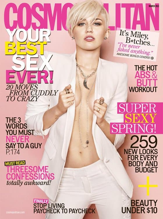 Miley Cyrus flaunts her toned tummy in a suit and Pomellato 67 necklace on the cover of Cosmopolitan magazine's March 2013 issue