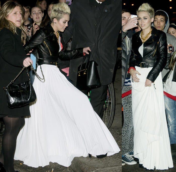 Miley Cyrus wears a Maison Martin Margiela gray and white pleated dress to celebrate her Cosmopolitan Cover