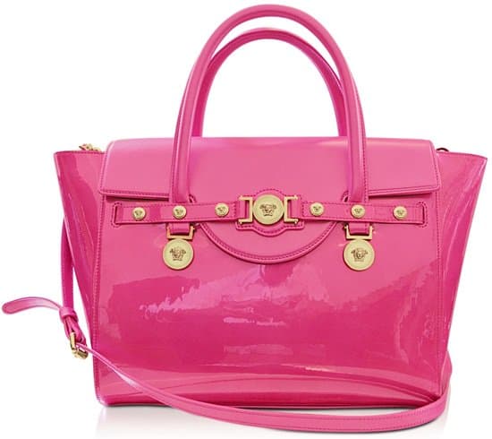 Versace Signature Leather Tote in Patent Pink