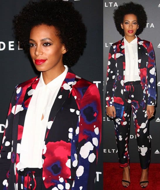Solange Knowles wears a DVF suit at the 'Delta Air Lines celebrate LA's Music Industry with Getty House' event