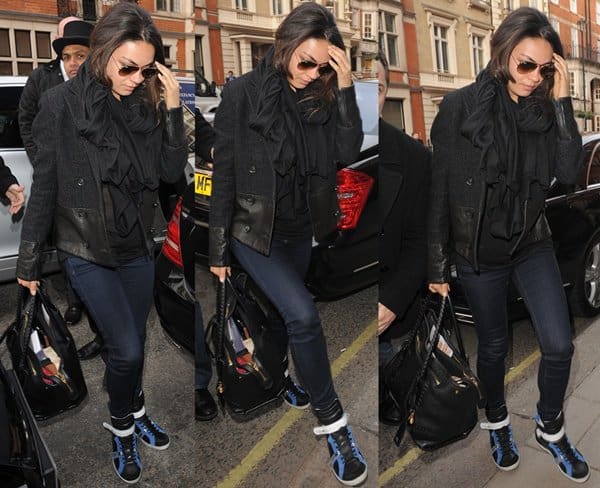 Mila Kunis arrives at Claridge's, a 5-star hotel at the corner of Brook Street and Davies Street in Mayfair, London