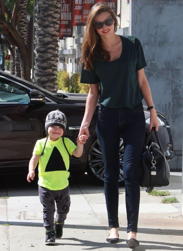 Miranda Kerr and her son Flynn Christopher Blanchard Copeland Bloom leaving a kids gym