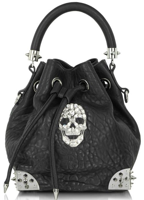 Philipp Plein Baby Dynamite Skull Leather Bucket Bag