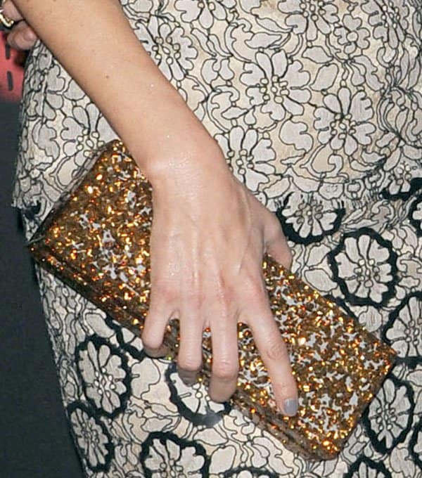 Lake Bell carrying a glittery clutch