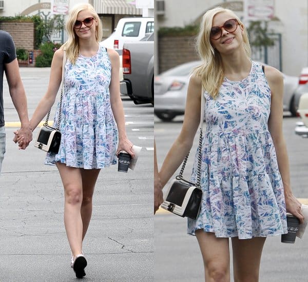 Jamie King wearing a lavender and blue printed skater dress from Lovers + Friends