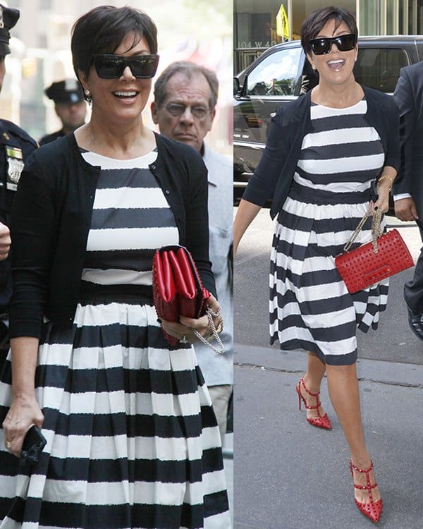 Kris Jenner sported a striped monochrome Dolce & Gabbana dress and added a pop of red with her heels and purse from Valentino