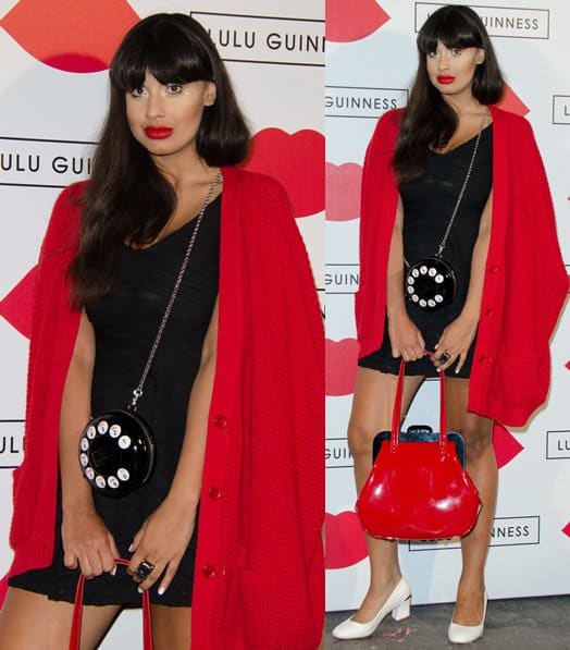 Jameela Jamil sporting two Lulu Guinness bags for the Paint Project party