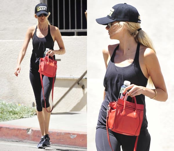 Kimberly Stewart shows off her athletic build as she heads to her local gym for a morning workout with a bright red Celine Nano handbag