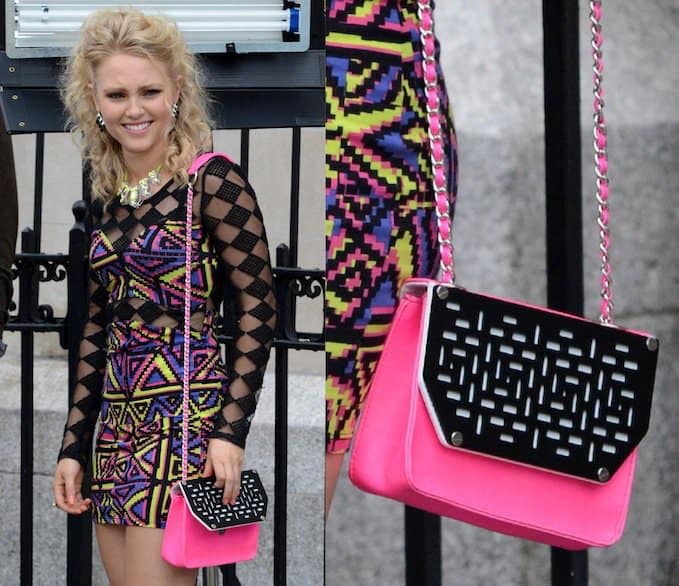In true Carrie Bradshaw form, AnnaSophia was all decked out in a very funky ’80s-inspired ensemble