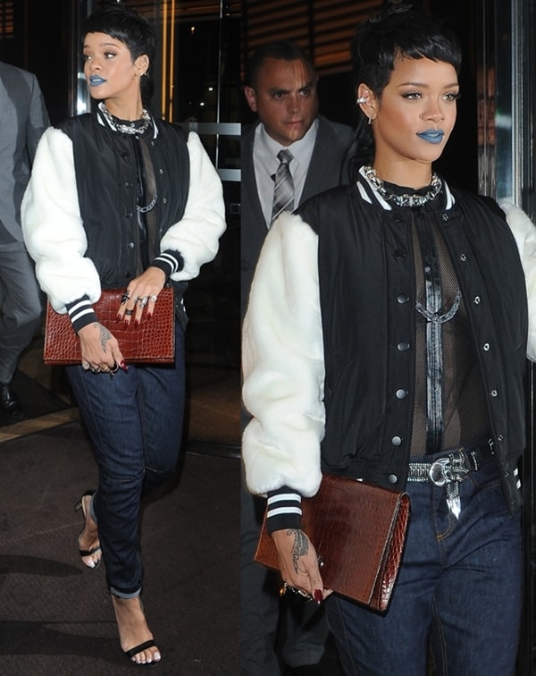 Rihanna with bright blue lips outside her hotel in London