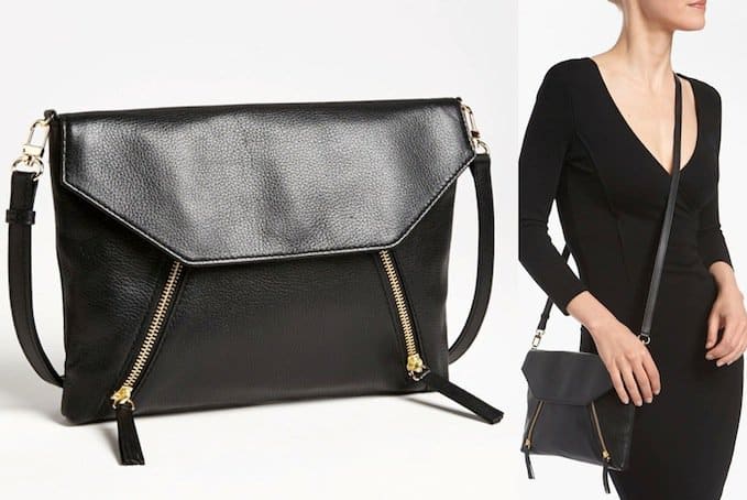 Supple pebbled leather backdrops angled zip pockets on a svelte crossbody that can double as a trendy clutch