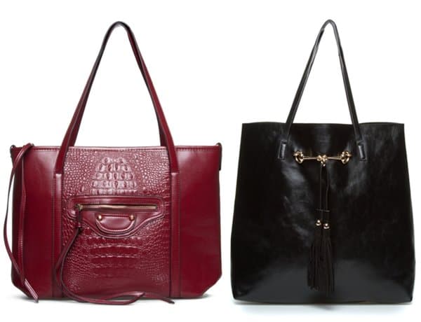 Affordable burgundy and black tote handbags