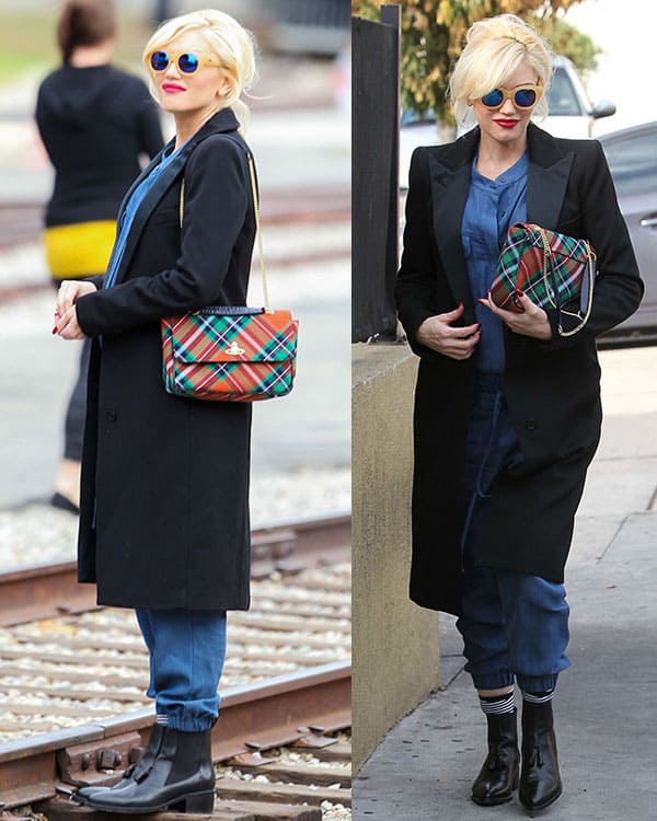 Gwen Stefani wears a blue Hatch maternity jumpsuit with a peaked lapel coat from Smythe