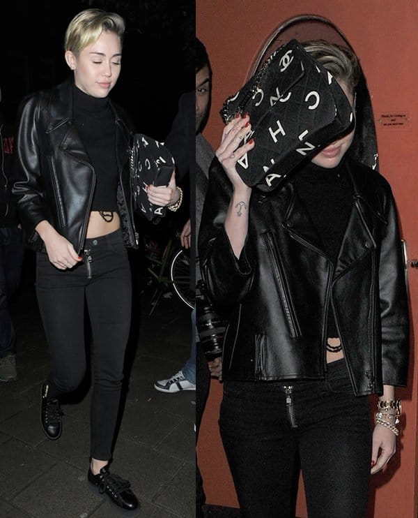 Miley Cyrus opted for a Chanel flap bag as weapon of choice for the blinding, flashing lights of the paparazzi