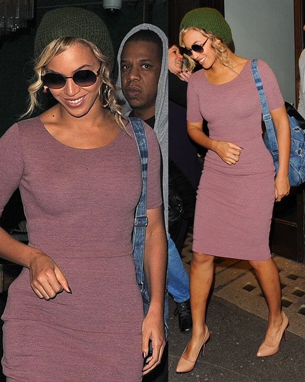 Beyonce in a Topshop jersey midi dress in plum and nude Christian Louboutin heels