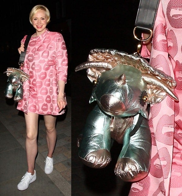 Gwendoline Christie totes a metallic rhino bag