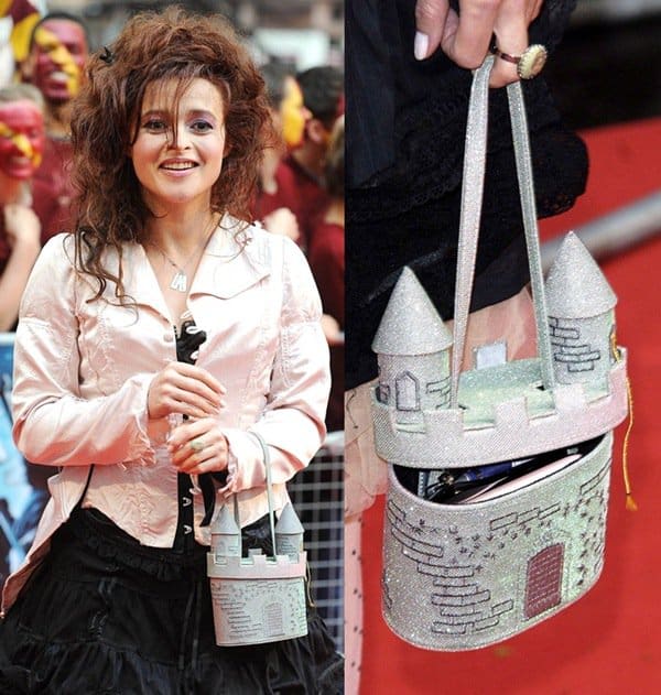 Helena Bonham-Carter with a glittery castle purse