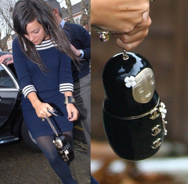 Lily Allen totes a Chanel Russian doll purse