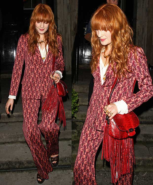 Florence Welch wearing a folkloric slash bohemian style suit at The Other Ball charity event at One Mayfair in London, England, on June 4, 2014