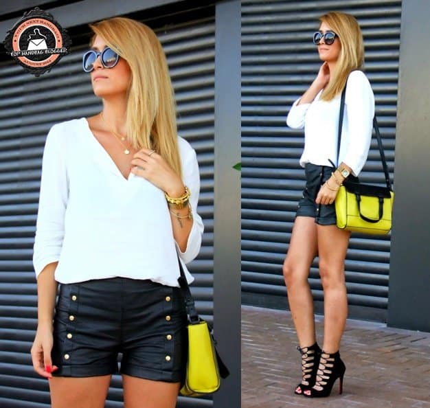 Fashion blogger shows how to spice up a black-and-white outfit with a yellow handbag