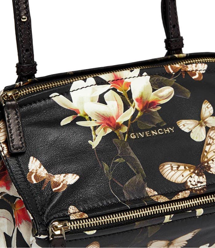 Givenchy's seasonal magnolia and butterfly print takes center stage in this Pandora small leather bag