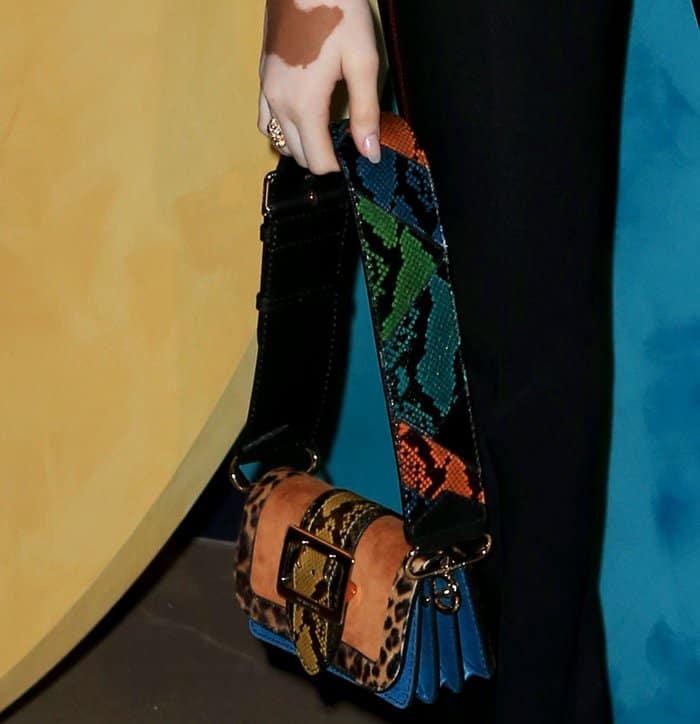 Winnie Harlow carrying Burberry patchwork bag
