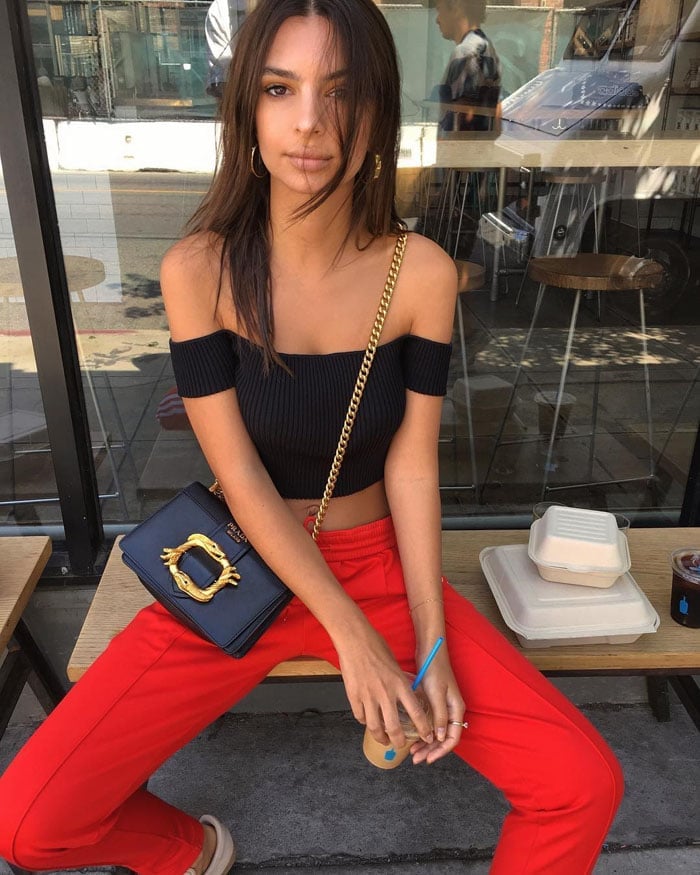 Emily Ratajkowski enjoys an afternoon out with her Prada "Cahier" bag
