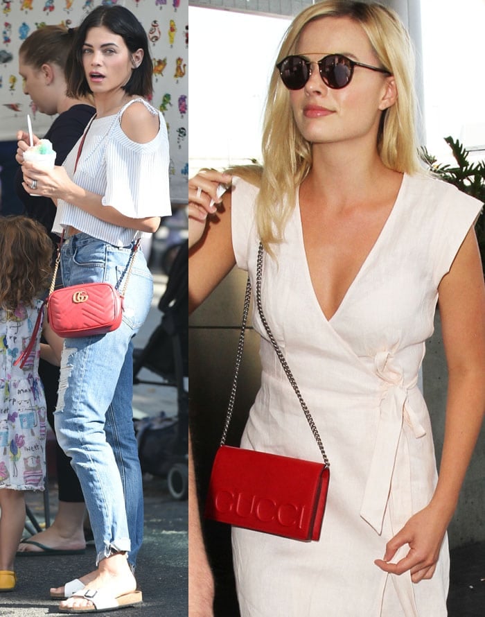 Small red Gucci purses instantly perk up Jenna Dewan Tatum and Margot Robbie's white outfits
